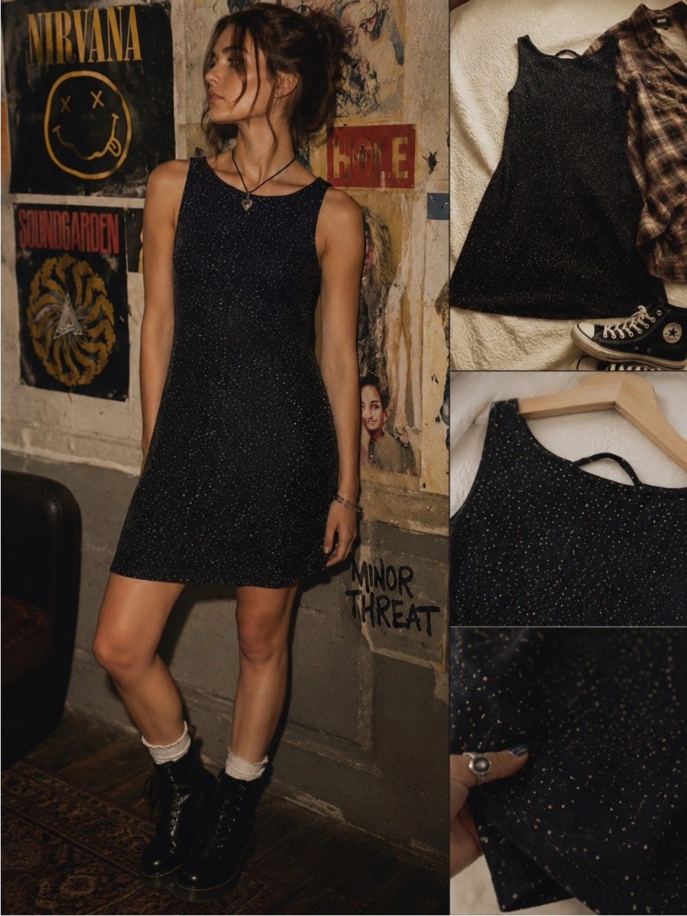 90s Black Mini Dress Glitter  Fairy Grunge Byer Too Sz Sm